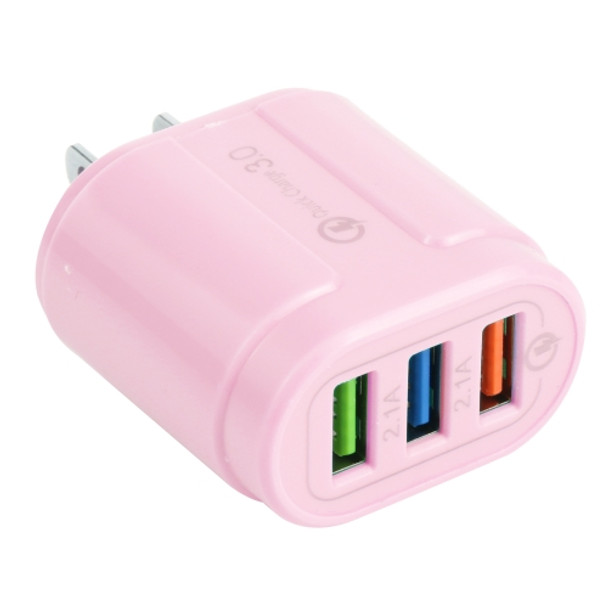 13-222 QC3.0 USB + 2.1A Dual USB Ports Macarons Travel Charger, US Plug(Pink)