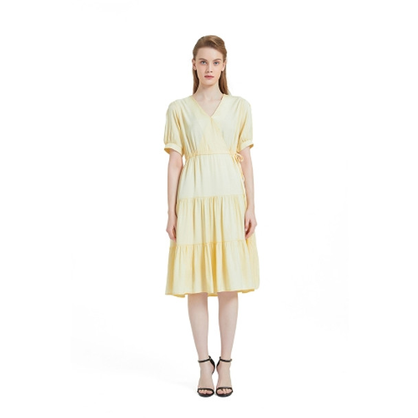 V-neck Fashion Simple Solid Color Waist Dress (Color:Light Yellow Size:XXL)