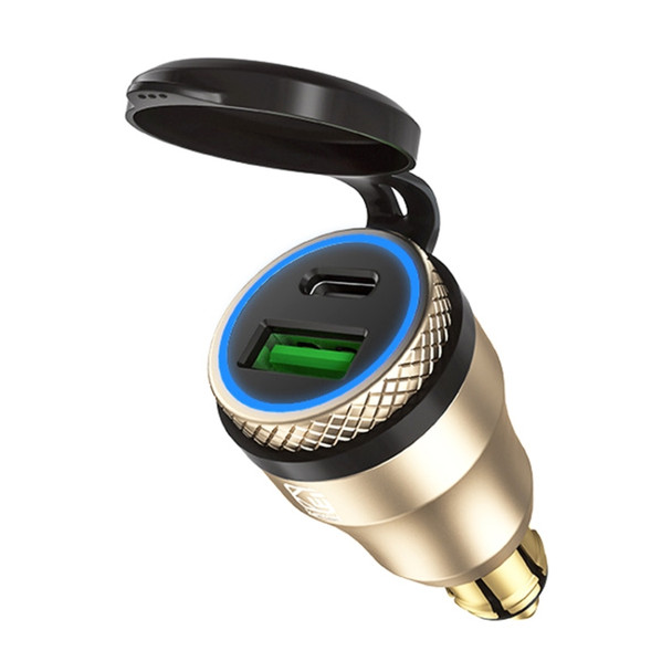 Motorcycle European-style Small-caliber Aluminum Alloy QC 3.0 + PD Fast Charge USB Charger, Shell Color:Gold(Blue Light)