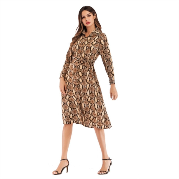 Leopard Print Chiffon Slim-fit Lace-up Shirt Dress (Color:Yellow Snake Skin Size:XL)