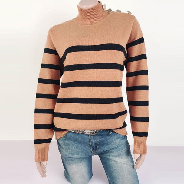 Turtleneck Pullover Shoulder Strap Studded Textured Knit Sweater (Color:Khaki Size:L)