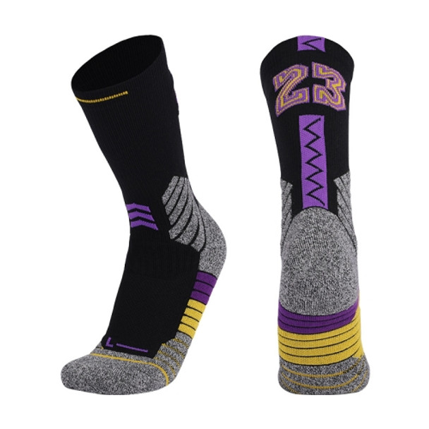 Men Terry Non-Slip Mid-Tube Sports Socks Basketball Socks, Size: Childrens Free Size( No. 23 Black Purple)