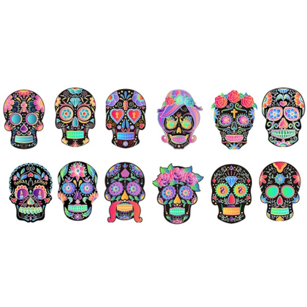 2 Sets Children Colorful Skull Head Halloween Scratch Painting DIY Ornaments Flower Skull Sticker(12 PCS / Set)