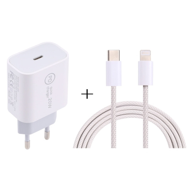 SDC-20W PD USB-C / Type-C Travel Charger + 1m 12W USB-C / Type-C to 8 Pin Data Cable Set, EU Plug(White)