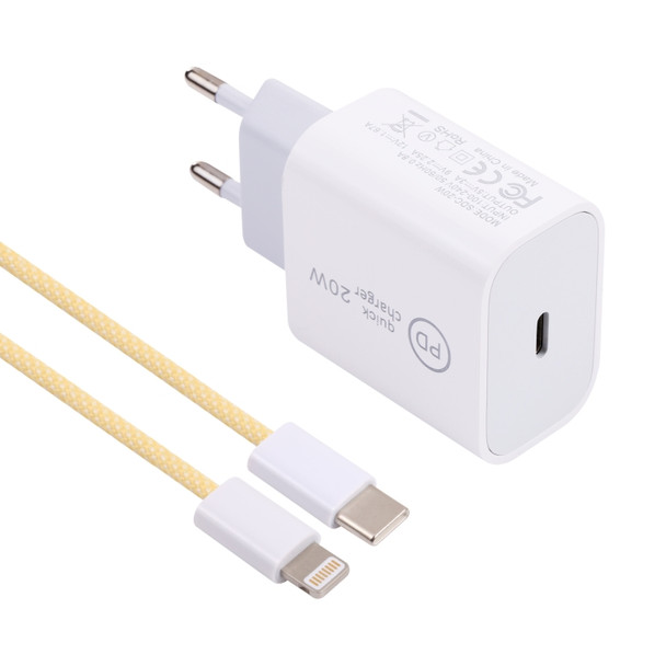 SDC-20W PD USB-C / Type-C Travel Charger + 1m 12W USB-C / Type-C to 8 Pin Data Cable Set, EU Plug(Yellow)