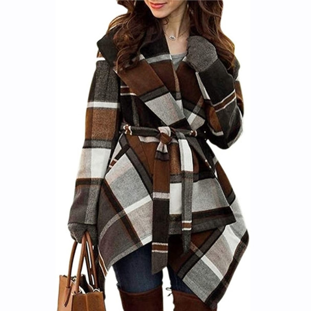 Checked Texture Color Matching Woolen Coat Mid-length Trench Coat Women (Color:Khaki Size:S)