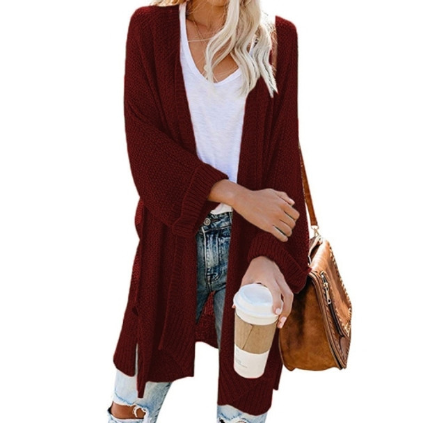 Long Style Slit Roll Sleeve Cardigan Knit Sweater (Color:Red Size:XL)