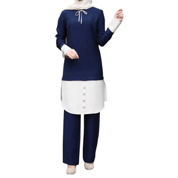 Women Muslim Contrasting Color Top Pants Suit (Color:Navy Blue Size:XXL)