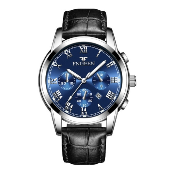 FNGEEN 4006 Men Automatic Mechanical Watch Waterproof Quartz Watch(Black Leather White Steel Blue Surface)