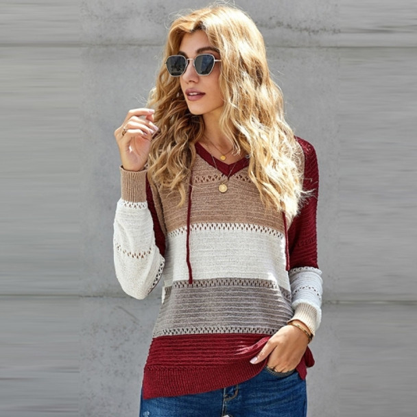 Panelled Long Sleeve Knit Hooded Sweater (Color:Wine Red Size:XL)