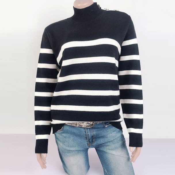 Turtleneck Pullover Shoulder Strap Studded Textured Knit Sweater (Color:Black Size:S)