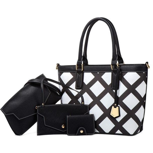 21518 4 in 1 Grid Pattern Diagonal Handbag Large-Capacity Fashionable Bags(Black)