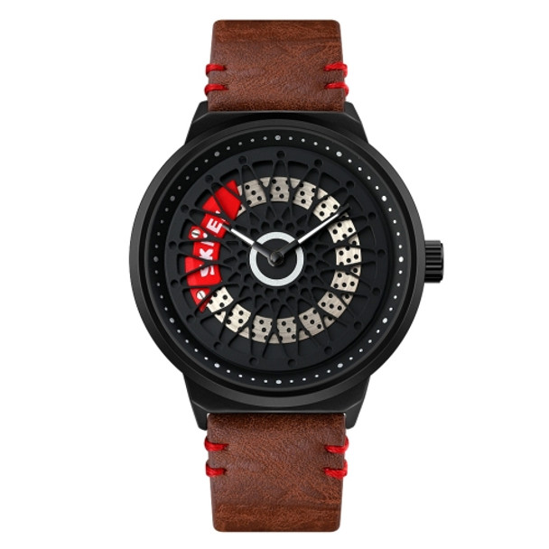 SKMEI 9217 Fashion Rotation Dial Men Quartz Watch(Black Surface Brown Leather Belt)