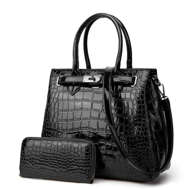 T5056 2 in 1 Crocodile Pattern Patent Leather Diagonal Handbags Large-Capacity Single-Shoulder Bag(Black)