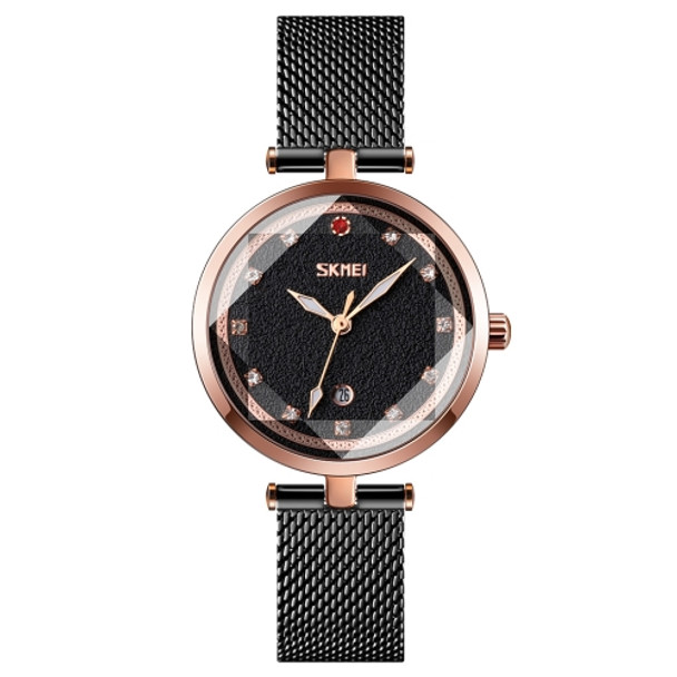 SKMEI 9215 Ladies 3D Glass Checkered Overlap Pattern Diamond Dial Quartz Watch(Black)