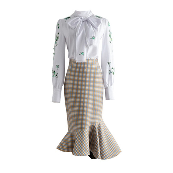 Women Bowknot Sequin Embroidery Shirt Irregular Fishtail Skirt Two-piece Suit (Color:As Show Size:XL)