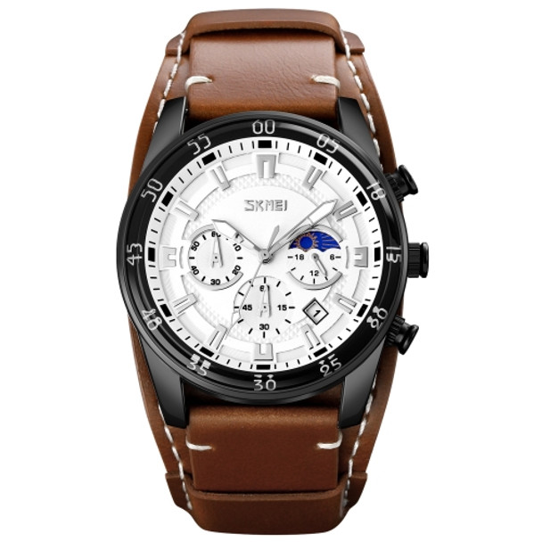 SKMEI 9249 Men Moonphase Calendar Stopwatch Leather Strap Quartz Watch(Brown Silver)