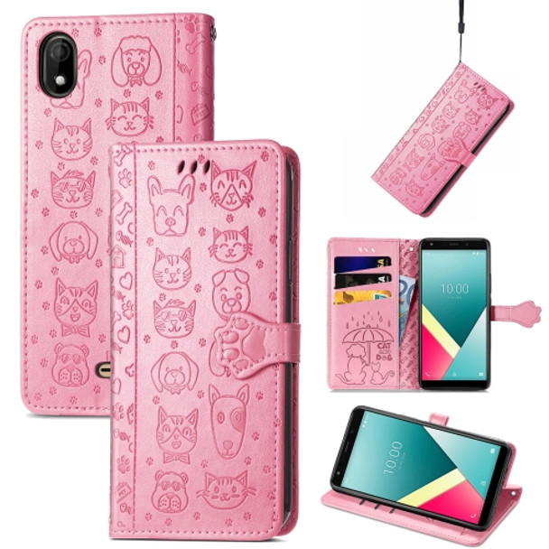 For Wiko Y61 Lovely Cat and Dog Embossing Pattern Horizontal Flip Leather Case , with Holder & Card Slots & Wallet & Cartoon Clasp & Lanyard(Pink)