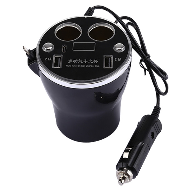 Multi-function Double Car Cigarette Lighter + 2.1A Dual USB Ports + LED Voltage and Current Value Display + USB-C / Type-C Port + 8 Pin Port Scalable USB Cable Cup Shaped Car Charger for 12V/24V Cars & Smartphones & Tablets & PSP & PDA & GPS & MP3 &