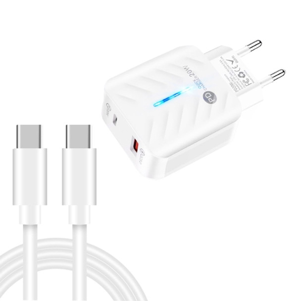 PD03 20W PD3.0 + QC3.0 USB Charger with Type-C to Type-C Data Cable, EU Plug(White)