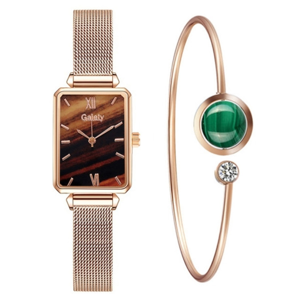 GAIETY G690 Retractable Magnet Buckle Ladies Mesh Belt Small Square Dial Bracelet Watch(Rose Gold Brown Dial + H138)