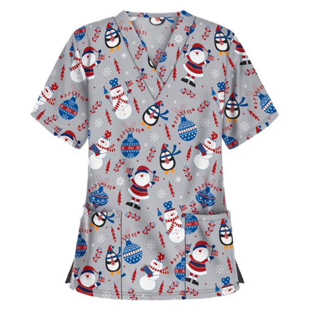 Christmas Print Short-sleeved Pocket T-shirt Nurse Uniform (Color:8 Size:XXXL)