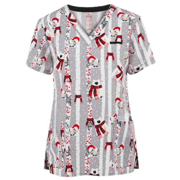 Christmas Print Short-sleeved Pocket T-shirt Nurse Uniform (Color:9 Size:S)