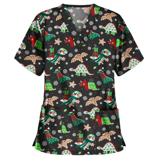 Christmas Print Short-sleeved Pocket T-shirt Nurse Uniform (Color:3 Size:M)