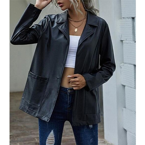 Loose Casual Long-sleeved PU Leather Jacket For Ladies (Color:Black Size:M)