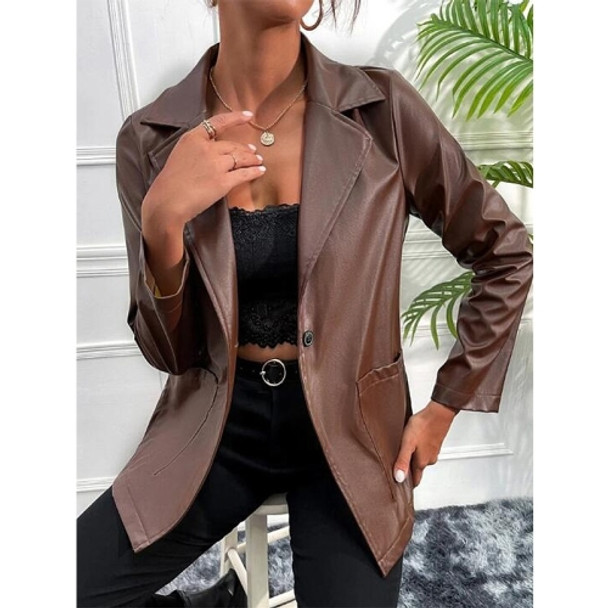 Loose Casual Long-sleeved PU Leather Jacket For Ladies (Color:Coffee Size:L)