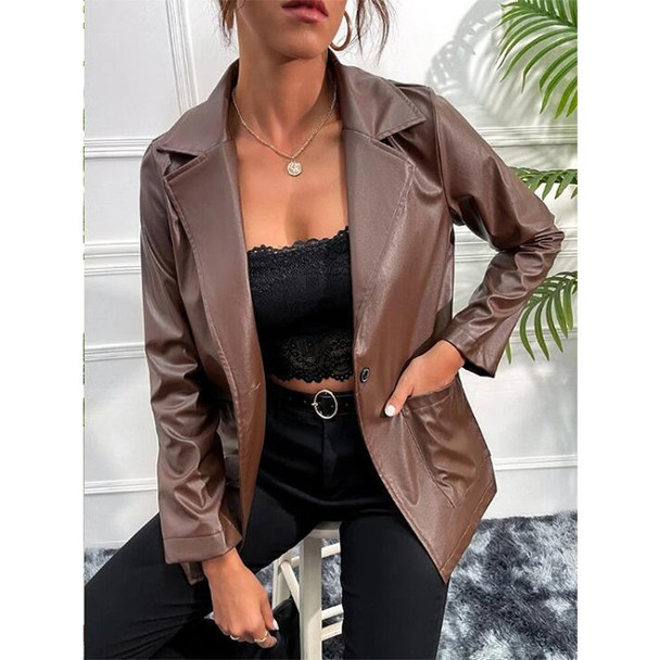 Loose Casual Long-sleeved PU Leather Jacket For Ladies (Color:Coffee Size:XL)