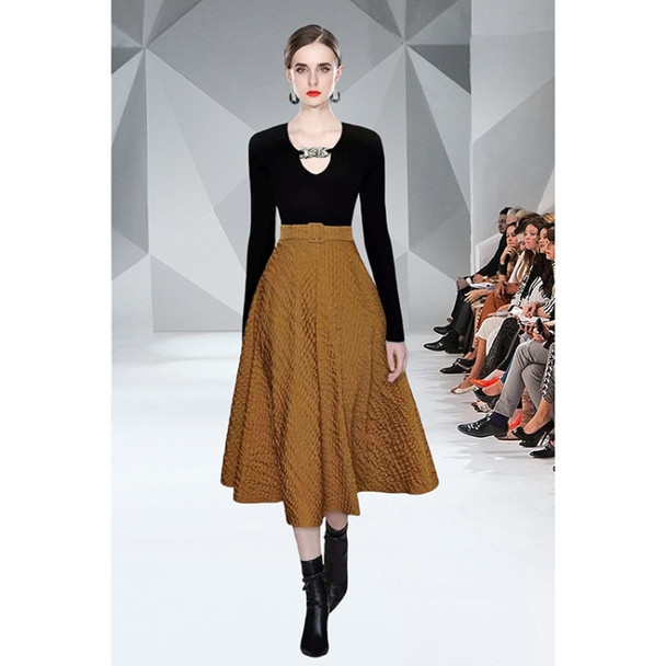 Autumn Winter Long-sleeved Hollow Chain Knit Top + Large Swing Skirt Suit (Color:Dark Brown Size:XL)