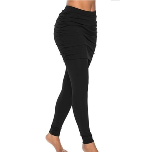 Women Wrapped Hip Side Pleated Skirt Fake Two-piece Leggings (Color:Black Size:XL)