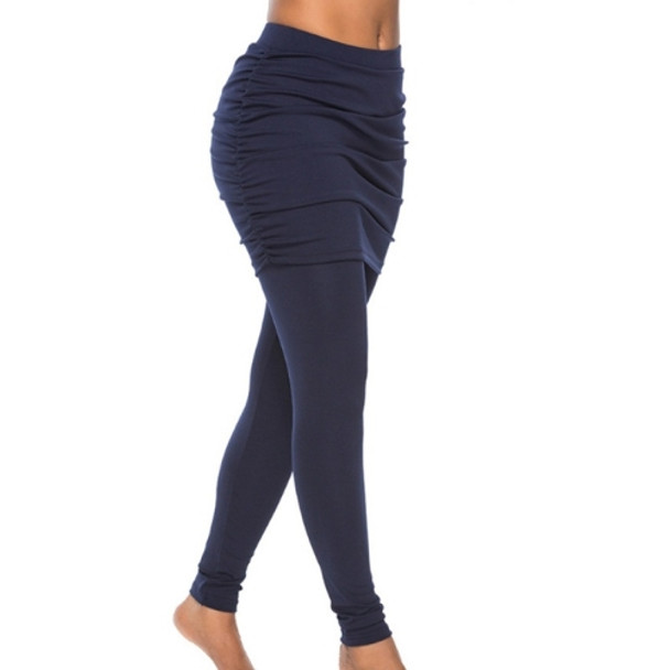 Women Wrapped Hip Side Pleated Skirt Fake Two-piece Leggings (Color:Navy Blue Size:L)