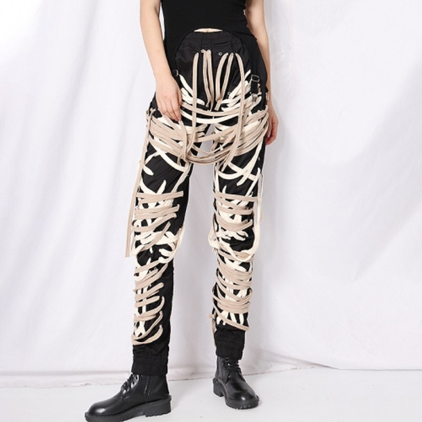 Casual Black Leggings Fashion Strap Pockets Multi-layer Niche Design Trousers (Color:Black Size:XL)