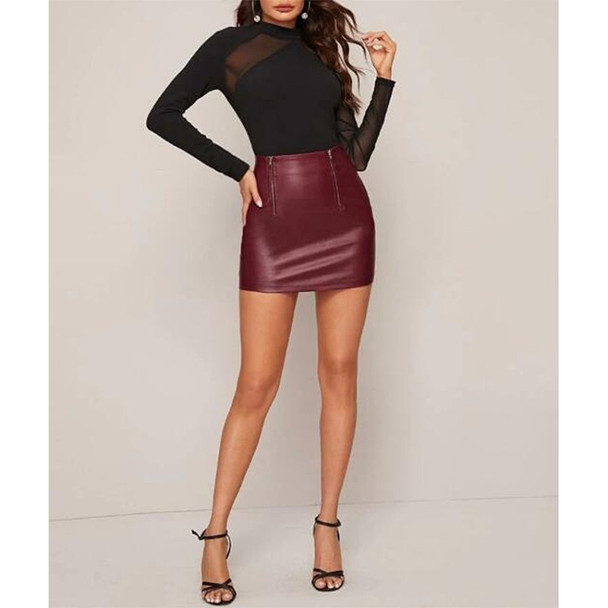 Skinny Sexy Zipper PU Leather Half Skirt (Color:Maroon Red Size:L)