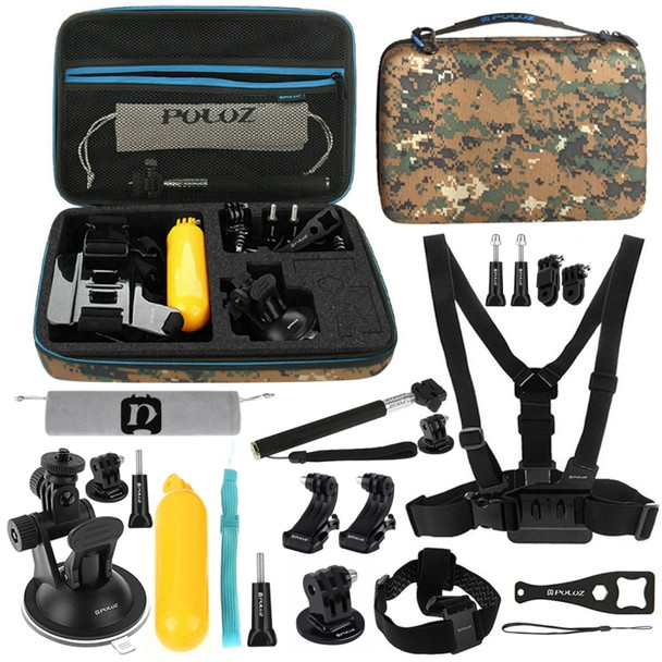 PULUZ 20 in 1 Accessories Combo Kit with Camouflage EVA Case (Chest Strap + Head Strap + Suction Cup Mount + 3-Way Pivot Arm + J-Hook Buckles + Extendable Monopod + Tripod Adapter + Bobber Hand Grip + Storage Bag + Wrench) for GoPro HERO10 Black /GoP