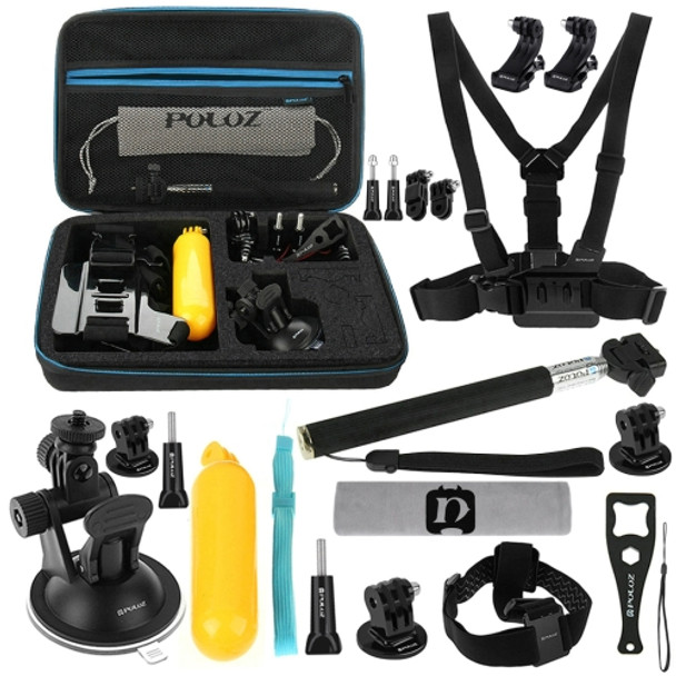 PULUZ 20 in 1 Accessories Combo Kits with EVA Case (Chest Strap + Head Strap + Suction Cup Mount + 3-Way Pivot Arm + J-Hook Buckles + Extendable Monopod + Tripod Adapter + Bobber Hand Grip + Storage Bag + Wrench) for GoPro HERO10 Black / HERO9 Black