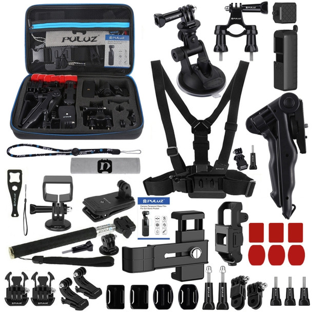 PULUZ 43 in 1 Accessories Total Ultimate Combo Kits for DJI Osmo Pocket with EVA Case (Chest Strap + Wrist Strap + Suction Cup Mount + 3-Way Pivot Arms + J-Hook Buckle + Grip Tripod Mount + Surface Mounts + Bracket Frame + Screen Film + Silicone Case