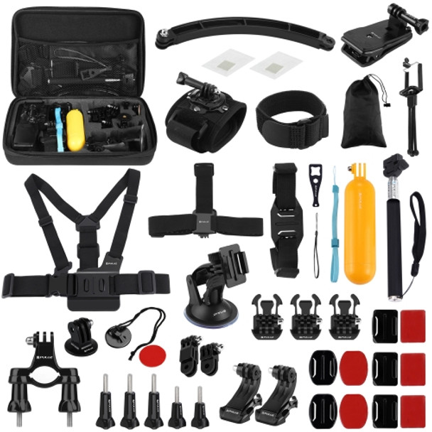 PULUZ 50 in 1 Accessories Total Ultimate Combo Kits with EVA Case (Chest Strap + Suction Cup Mount + 3-Way Pivot Arms + J-Hook Buckle + Wrist Strap + Helmet Strap + Extendable Monopod + Surface Mounts + Tripod Adapters + Storage Bag + Handlebar Mount