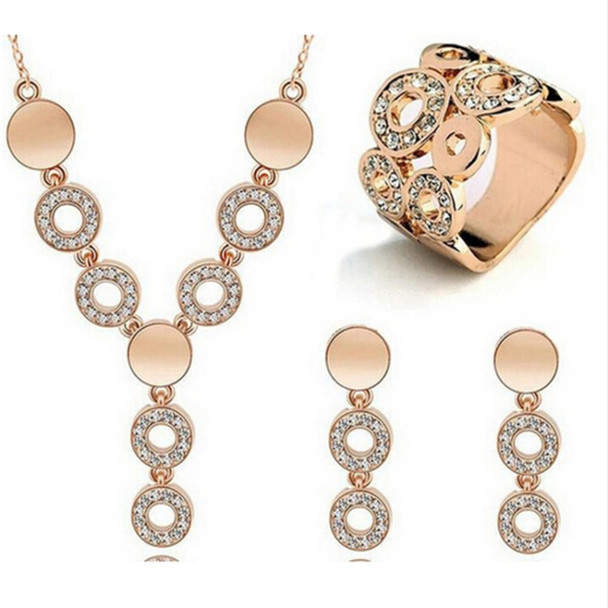 Fashion Crystal Women Circle Rhinestone Necklace Earrings Ring Set(Gold)