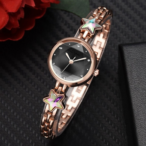 Lvpai P866 Diamond Five-Pointed Star Bracelet Watch Ladies Alloy Quartz Watches(Rose Gold Black)