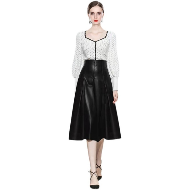 Autumn Winter Lantern Sleeve Knitted Sweater + High Waist Leather Skirt Suit (Color:Black White Size:S)