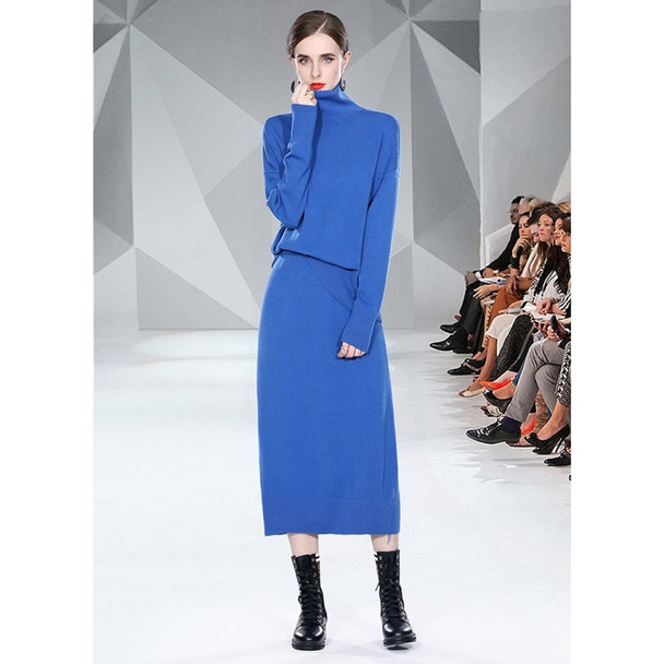 Autumn Winter Solid Color Long-sleeved Knitted Turtleneck Sweater + Skirt Suit (Color:Royal Blue Size:Free Size)