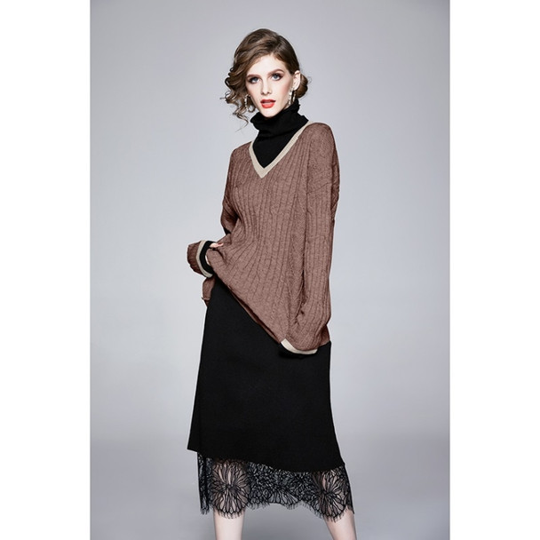 Autumn Winter Fake Two Loose Knitted Sweaters + Two-sided Wear Skirt Suit (Color:Coffee Size:Free Size)