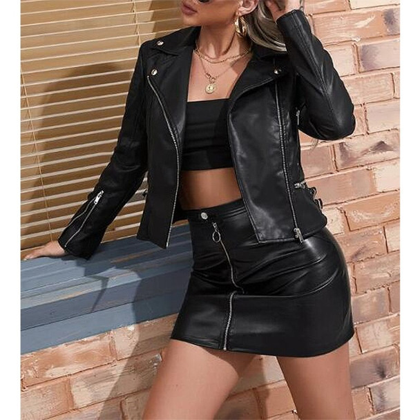 Loose Casual Short Zipper Long Sleeve PU Leather Jacket For Ladies (Color:Black Size:XL)