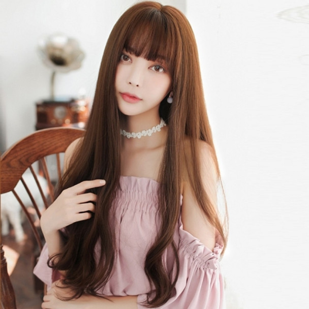 73cm Women Natural Wig Long Wavy Curly Hair With Bangs Chemical Fiber Wig(Chocolate)