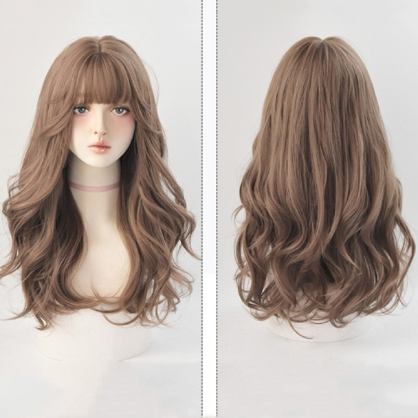 Wig Female Long Hair Big Wave Fluffy Full Headgear Long Curly Hair(Honey Tea Linen 65cm)