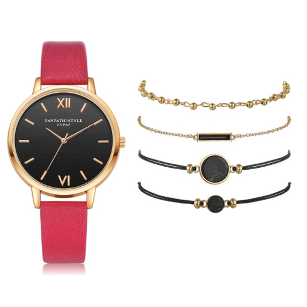 LVPAI XR3795 Ladies PU Strap Alloy Quartz Watch + Bracelet Set(Rose Red)