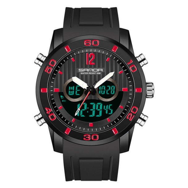 SANDA 3106 Dual Digital Display Men Outdoor Sports Luminous Shockproof Electronic Watch(Black Red)